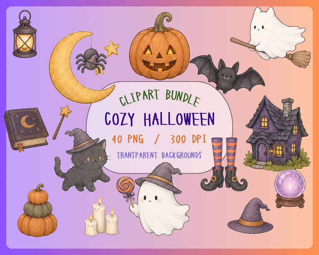 【OPENING SALE 25%OFF】Cozy Halloween Clipart Bundle, 40 PNG, Cute Black Cat & Ghost Clipart, Watercolor Halloween, Spooky Cute Digital Download