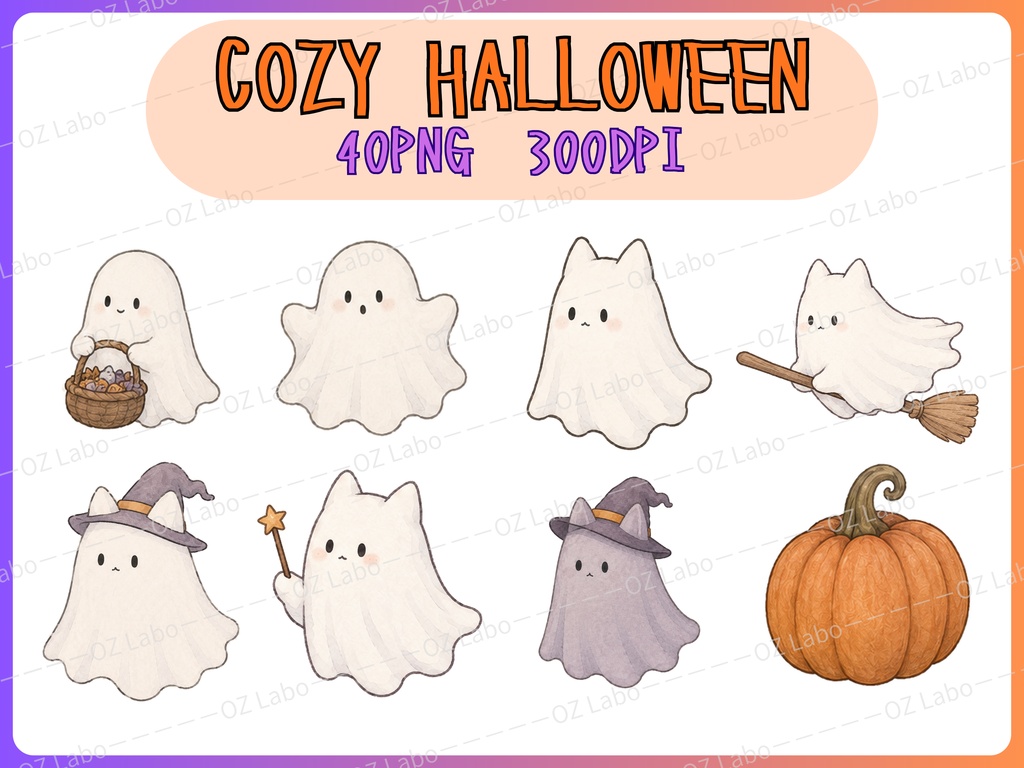 【OPENING SALE 25%OFF】Cozy Halloween Clipart Bundle, 40 PNG, Cute Black Cat & Ghost Clipart, Watercolor Halloween, Spooky Cute Digital Download