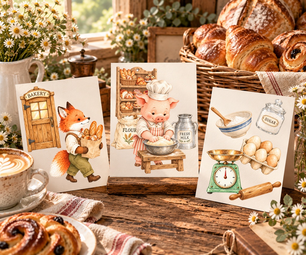 【OPENING SALE 25%OFF】Watercolor Bakery Clipart Bundle, 44 PNG, Storybook Animals, Bread Illustrations (Digital Download)