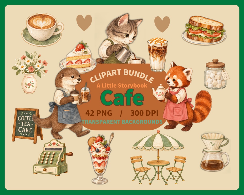 【OPENING SALE 25%OFF】Watercolor Cafe Clipart Bundle, 42 PNG, Storybook Animals, Coffee and Tea Illustrations (Digital Download)