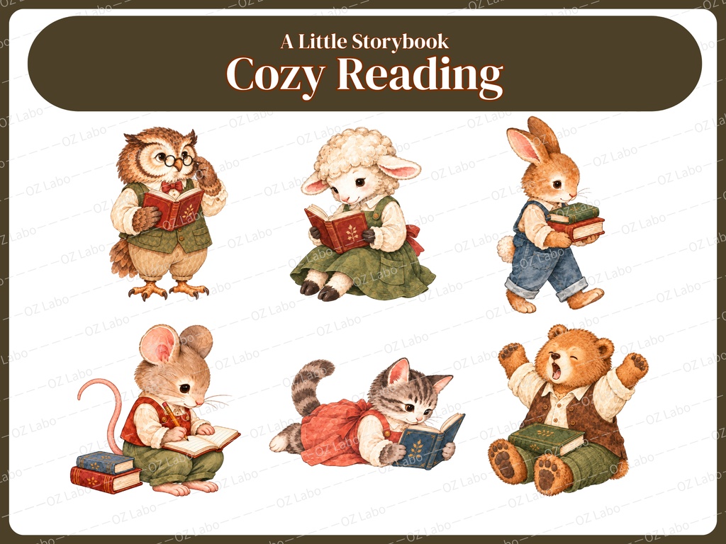 【OPENING SALE 25%OFF】Cozy Reading Clipart Bundle, 44 PNG, Storybook Animals, Book Lover Watercolor Illustrations