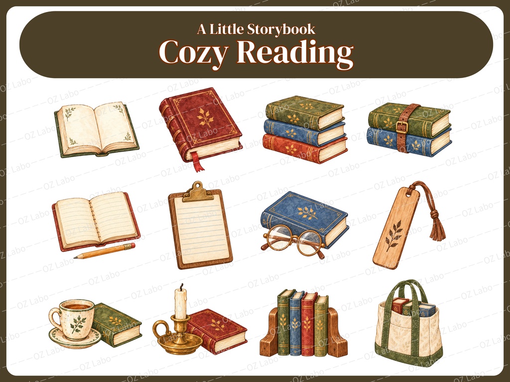 【OPENING SALE 25%OFF】Cozy Reading Clipart Bundle, 44 PNG, Storybook Animals, Book Lover Watercolor Illustrations