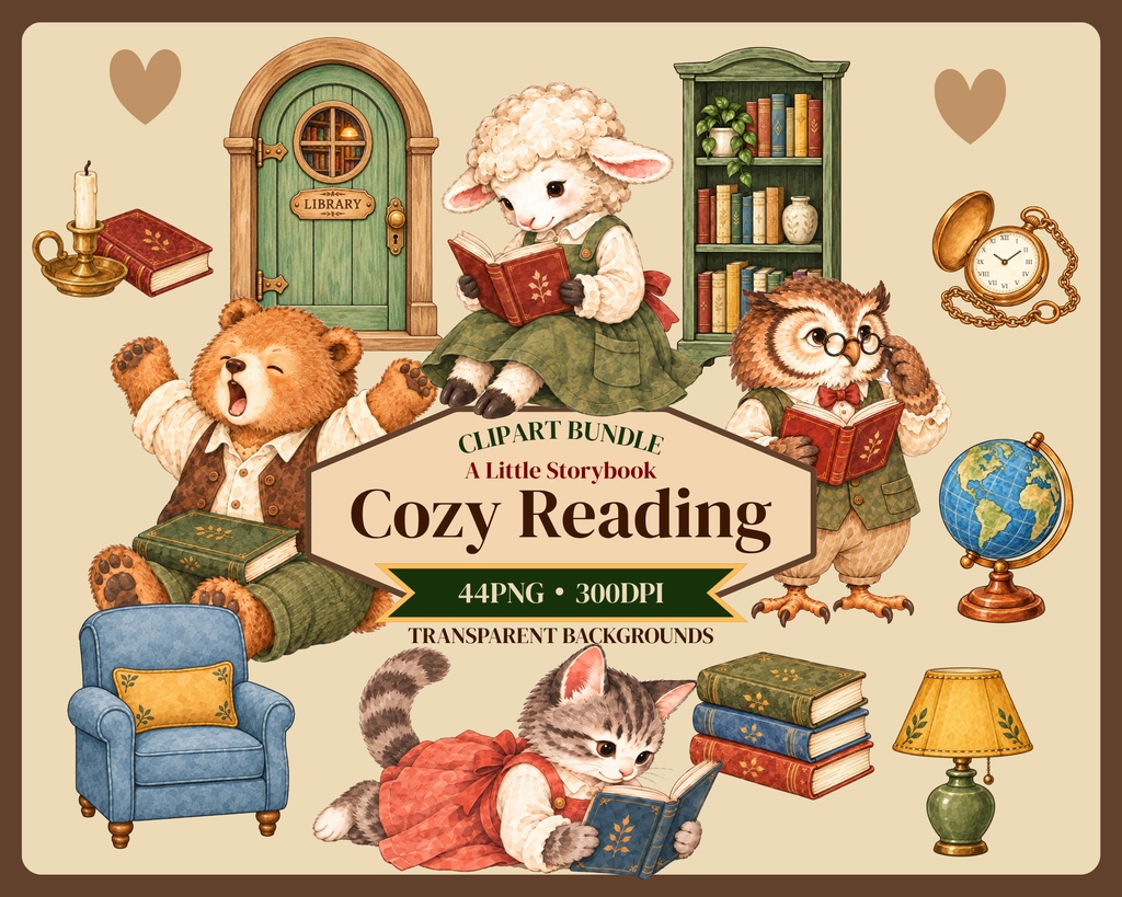 【OPENING SALE 25%OFF】Cozy Reading Clipart Bundle, 44 PNG, Storybook Animals, Book Lover Watercolor Illustrations