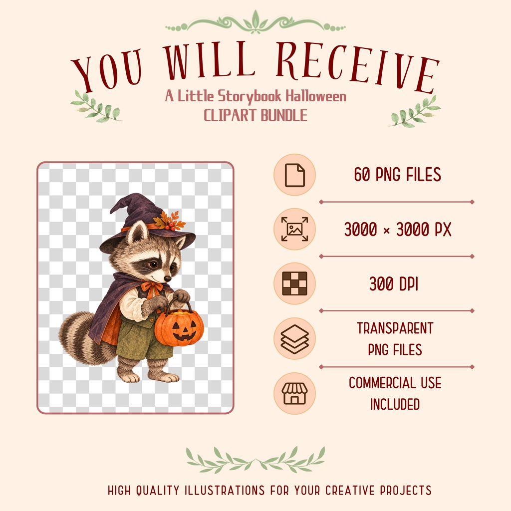【OPENING SALE 25%OFF】Watercolor Halloween Clipart Bundle, 60 PNG, Storybook Animals, Pumpkins & Cozy Autumn Illustrations (Digital Download)