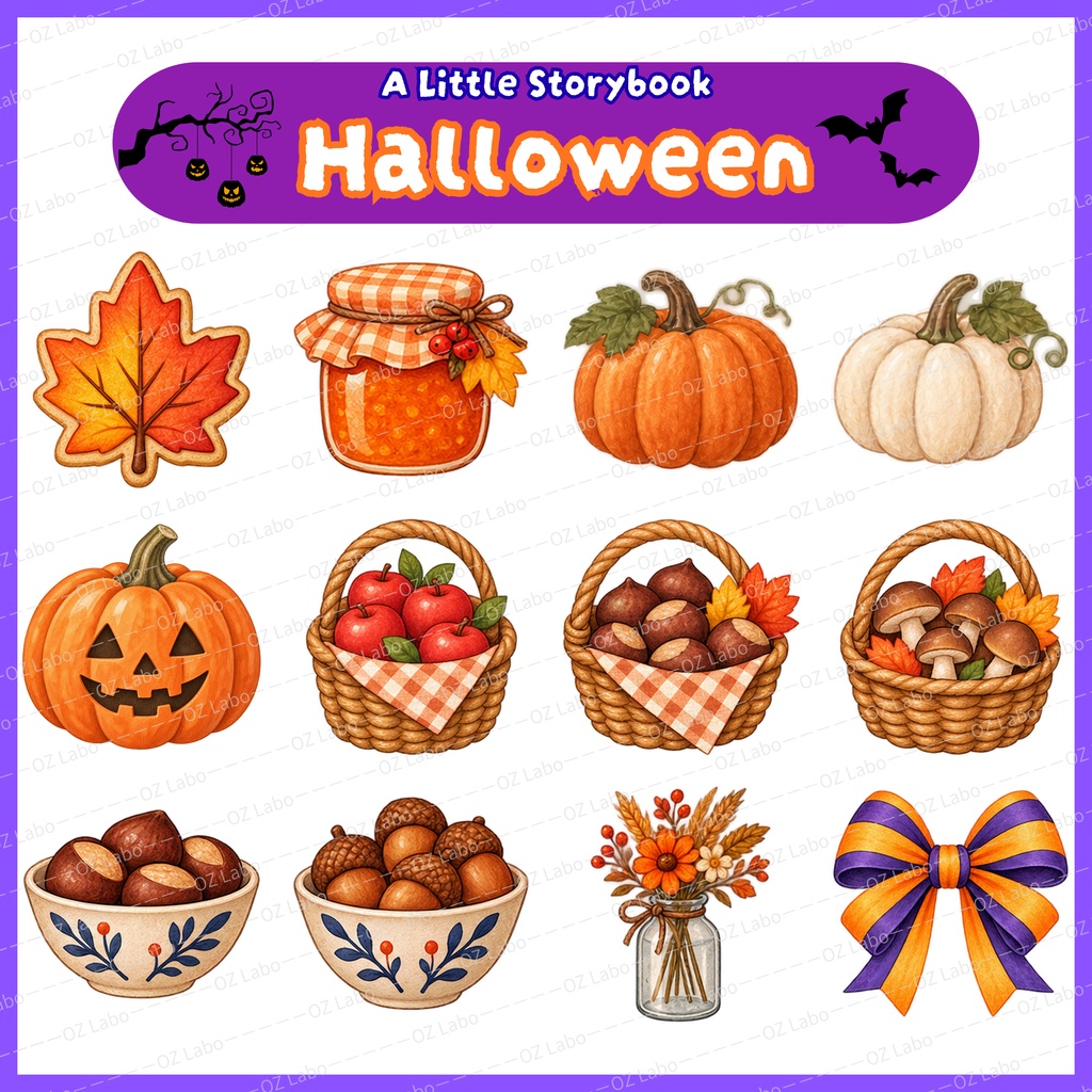 【OPENING SALE 25%OFF】Watercolor Halloween Clipart Bundle, 60 PNG, Storybook Animals, Pumpkins & Cozy Autumn Illustrations (Digital Download)