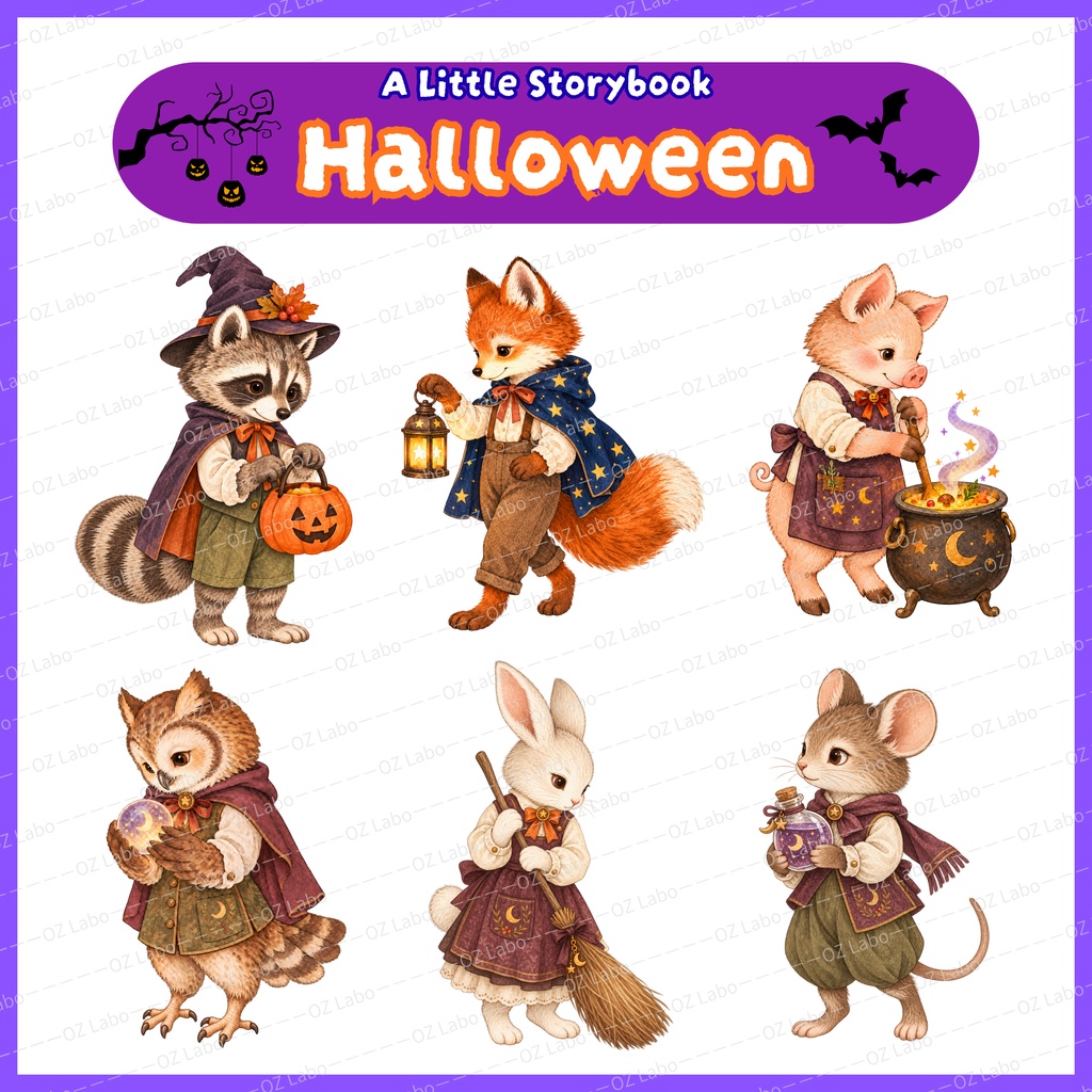 【OPENING SALE 25%OFF】Watercolor Halloween Clipart Bundle, 60 PNG, Storybook Animals, Pumpkins & Cozy Autumn Illustrations (Digital Download)