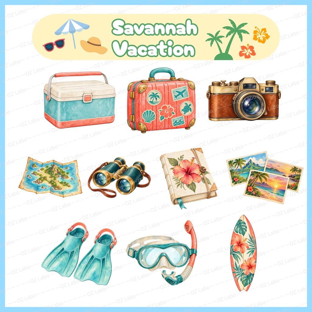 Safari Vacation Clipart Bundle, 46 Watercolor PNGs of Animals & Tropical Accessories