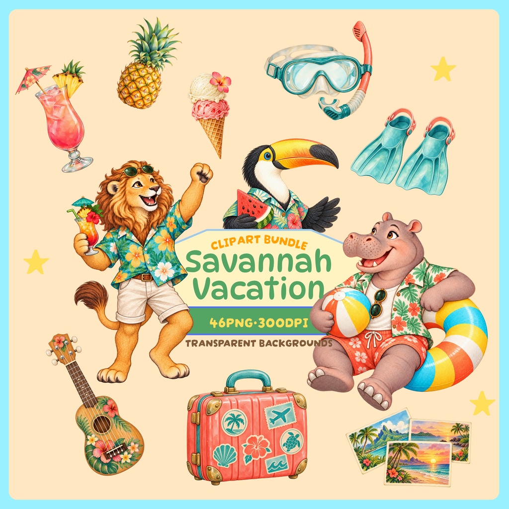 Safari Vacation Clipart Bundle, 46 Watercolor PNGs of Animals & Tropical Accessories