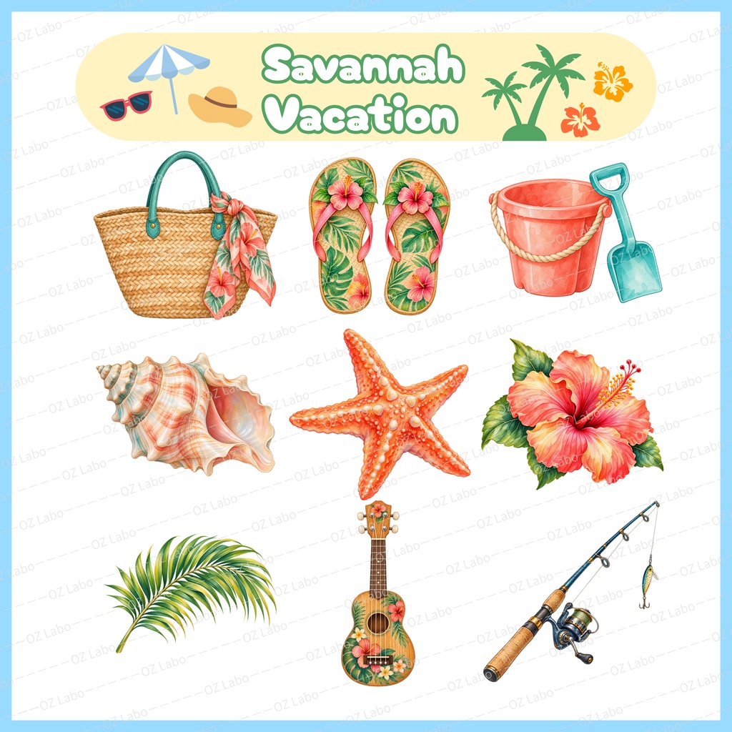 Safari Vacation Clipart Bundle, 46 Watercolor PNGs of Animals & Tropical Accessories