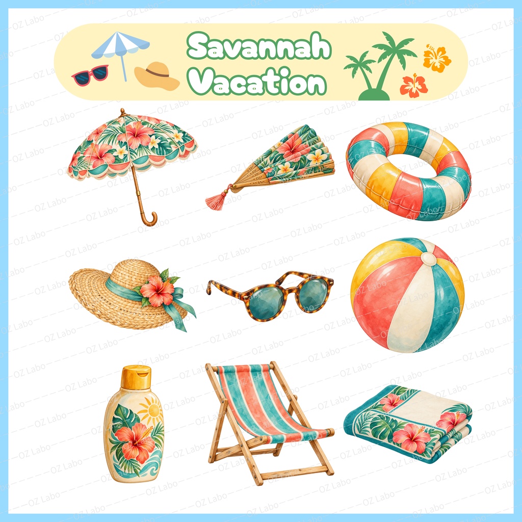 Safari Vacation Clipart Bundle, 46 Watercolor PNGs of Animals & Tropical Accessories