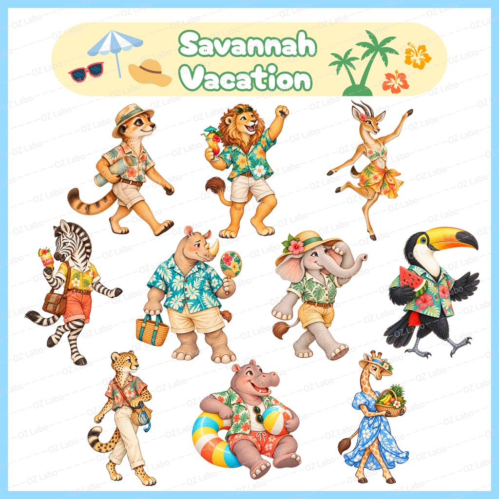 Safari Vacation Clipart Bundle, 46 Watercolor PNGs of Animals & Tropical Accessories