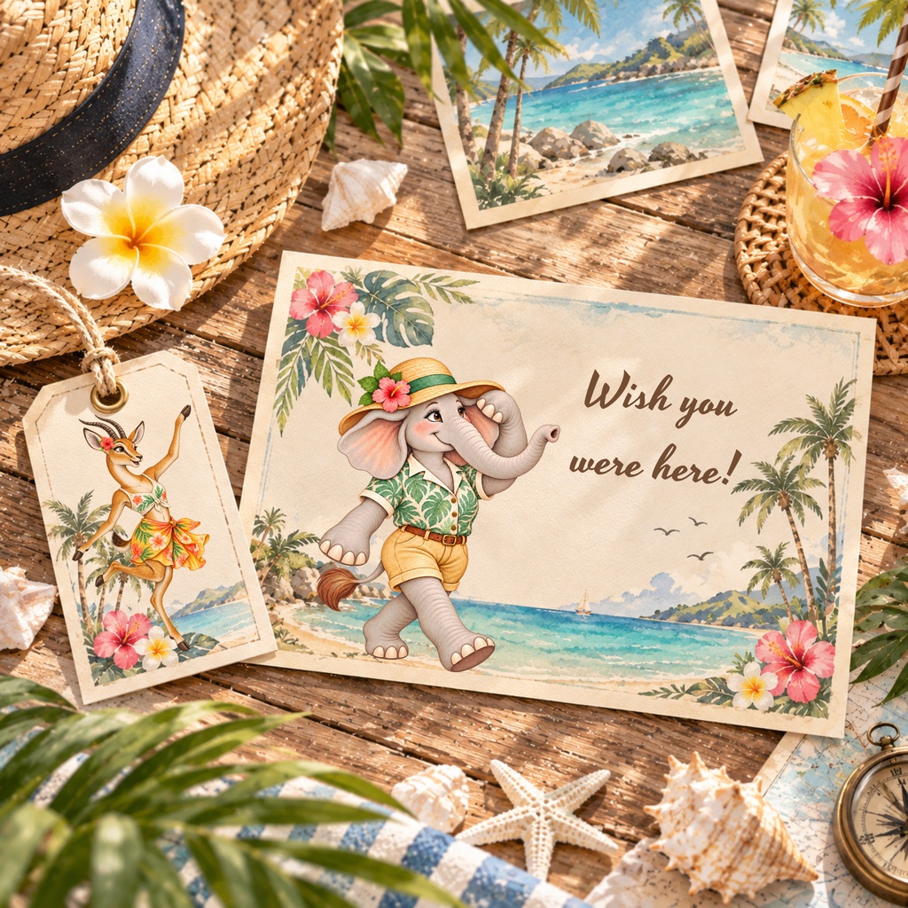 Safari Vacation Clipart Bundle, 46 Watercolor PNGs of Animals & Tropical Accessories