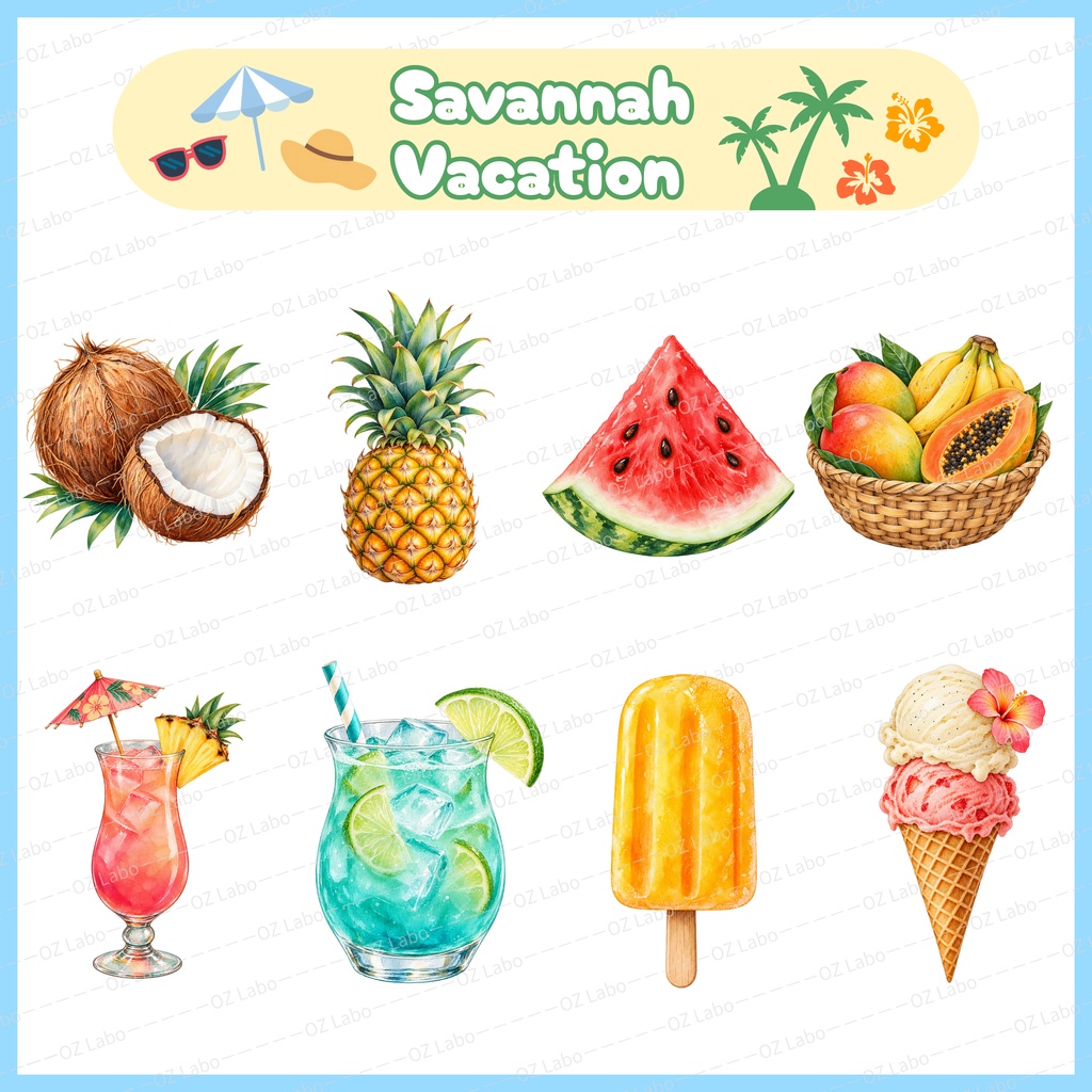 Safari Vacation Clipart Bundle, 46 Watercolor PNGs of Animals & Tropical Accessories