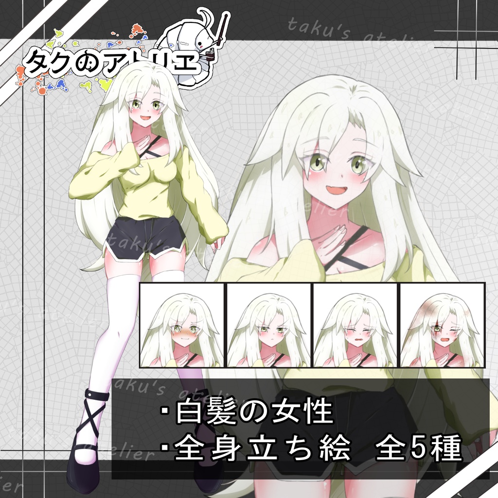 【限定 一点限り】白髪女性の全身立ち絵 表情差分5種