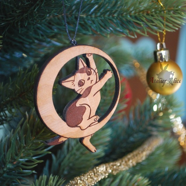 天然木こねこオーナメント3個セット(ラッピング付き)