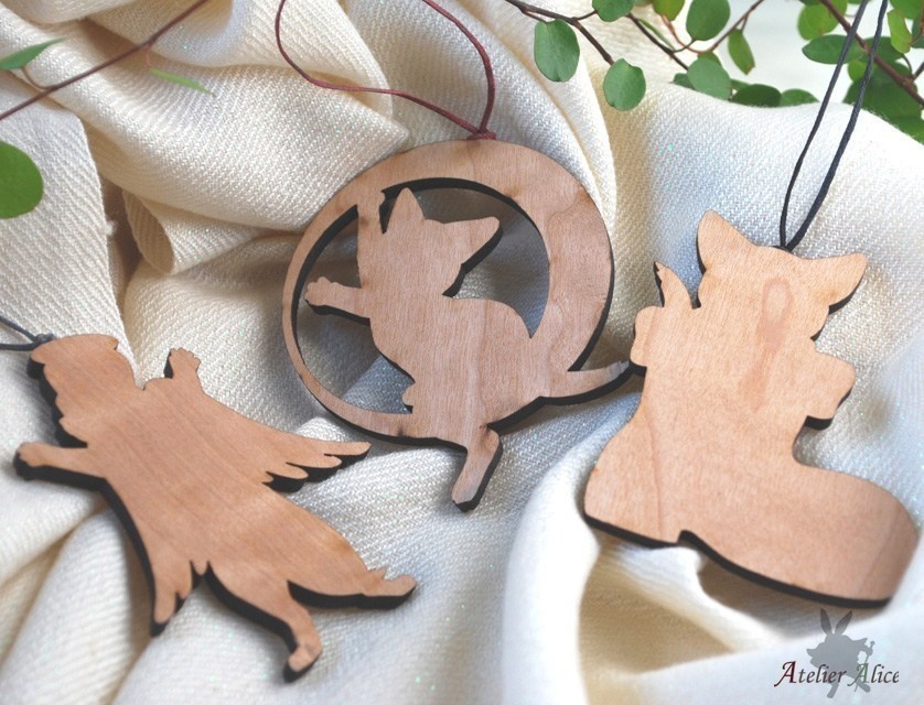 天然木こねこオーナメント3個セット(ラッピング付き)