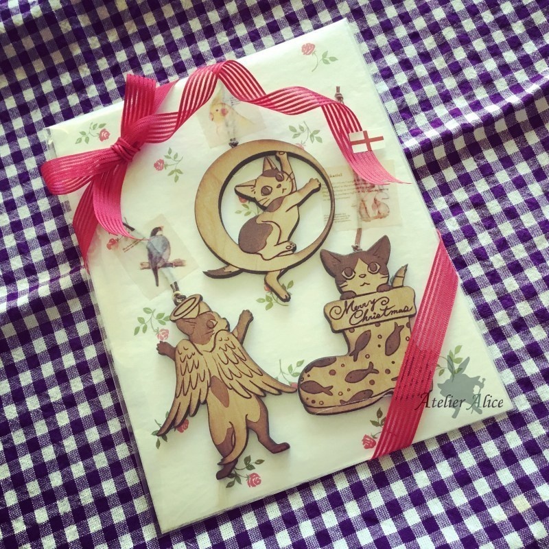 天然木こねこオーナメント3個セット(ラッピング付き)