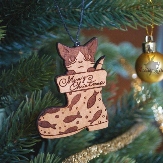 天然木こねこオーナメント3個セット(ラッピング付き)