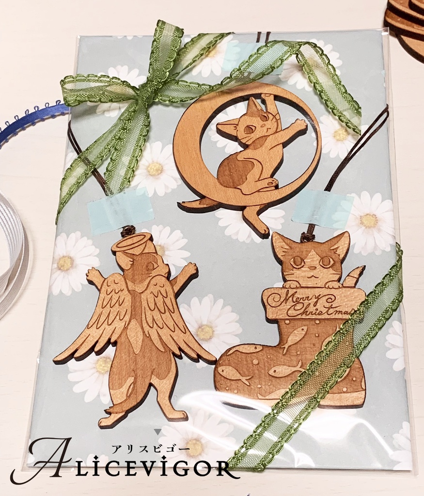 天然木こねこオーナメント3個セット(ラッピング付き)