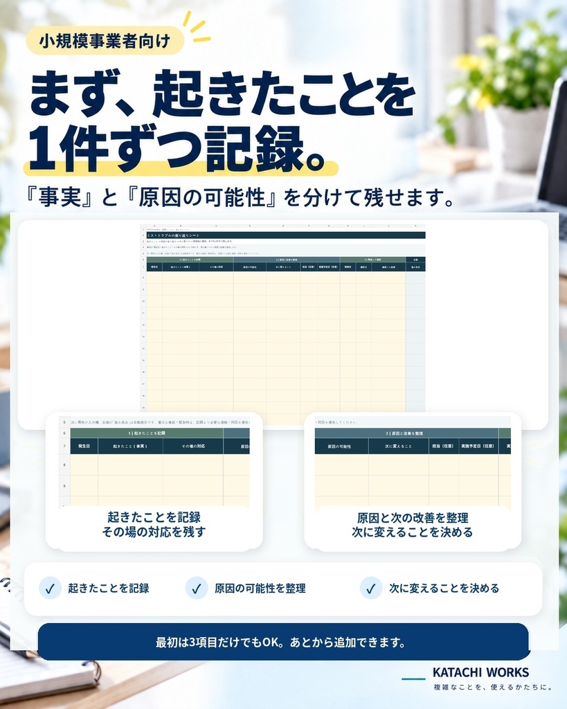 小規模事業者向け|ミス・トラブルの振り返りシート【Excel】