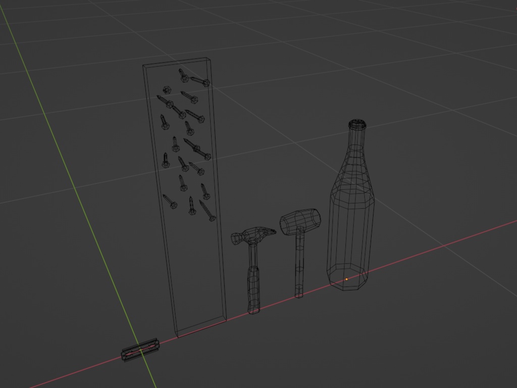 Unityで使える凶器セット(ビール瓶、板に釘打ち付けたやつ、ハンマー2種、カミソリの刃)