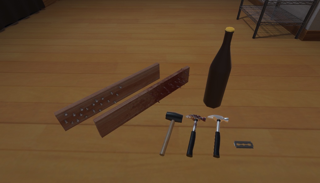Unityで使える凶器セット(ビール瓶、板に釘打ち付けたやつ、ハンマー2種、カミソリの刃)