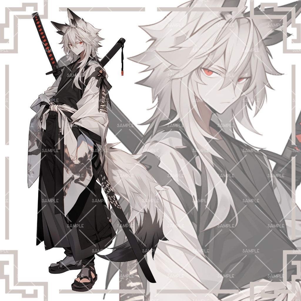 《No.68》立ち絵素材_和服男子_ケモ耳_刀