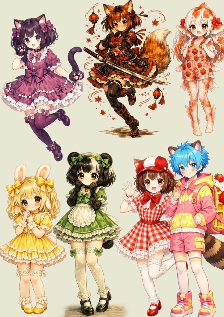 かわいいアニメ風の動物キャラクター（PNG・透過背景） かわいいキャラクター7体＋おまけキャラクター1体