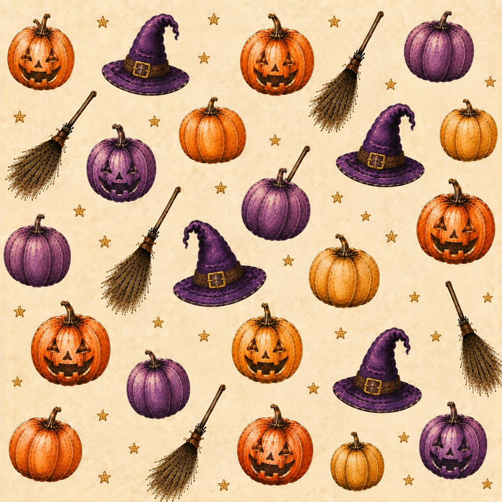 クラシカル・ハロウィン|魔女モチーフとパンプキンのデジタルペーパー【4枚セット・15cm】