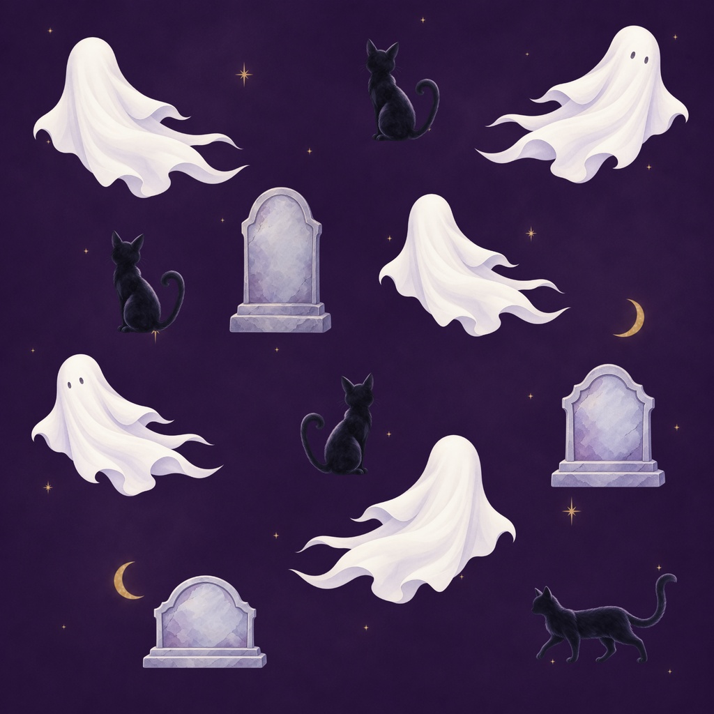 ゴースト・ハロウィンナイト|おばけと黒猫のデジタルペーパー【4枚セット・15cm】