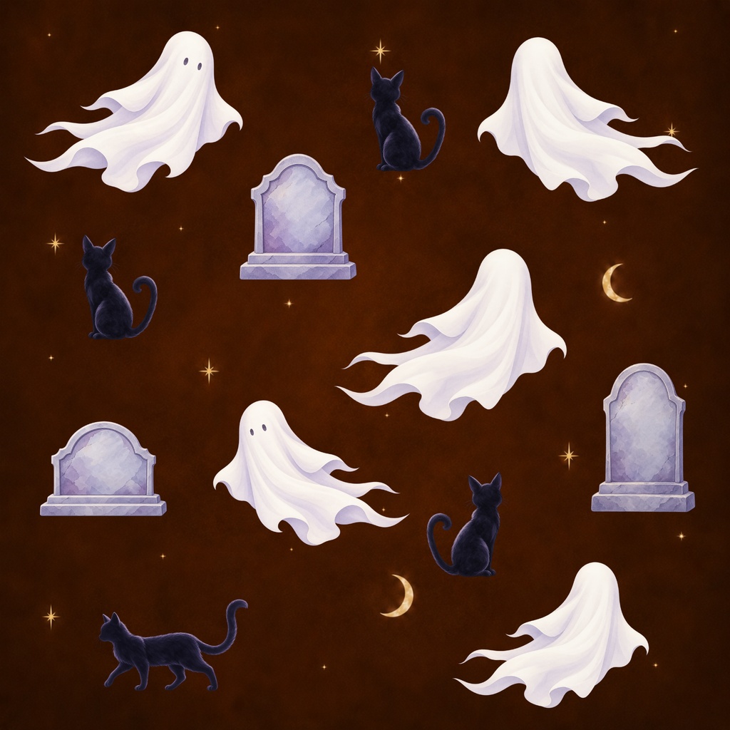 ゴースト・ハロウィンナイト|おばけと黒猫のデジタルペーパー【4枚セット・15cm】