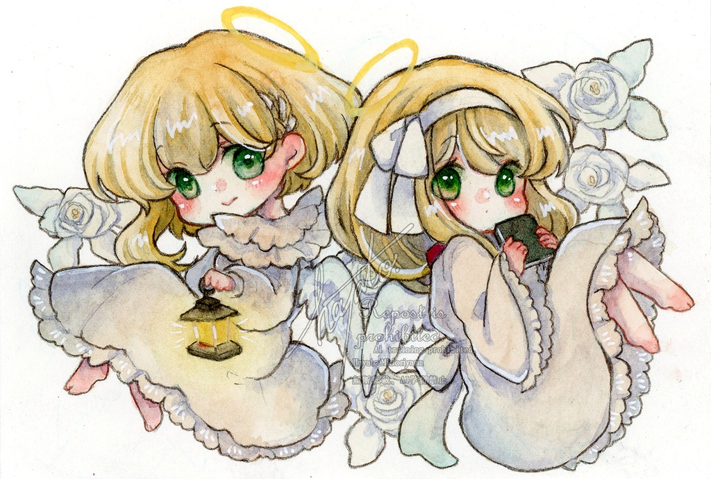はがきサイズ原画　片羽ちゃんず