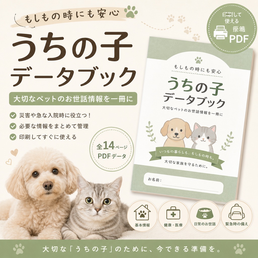 もしもの時にも安心🐾 うちの子データブック|ペットのお世話情報をまとめる全14ページPDF
