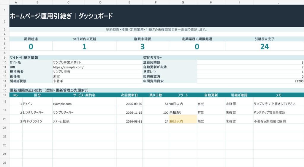 【Excel】ホームページ運用引継ぎテンプレート|ドメイン・サーバー・契約更新管理