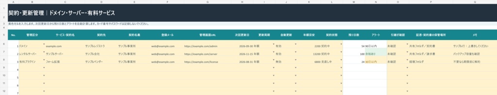 【Excel】ホームページ運用引継ぎテンプレート|ドメイン・サーバー・契約更新管理