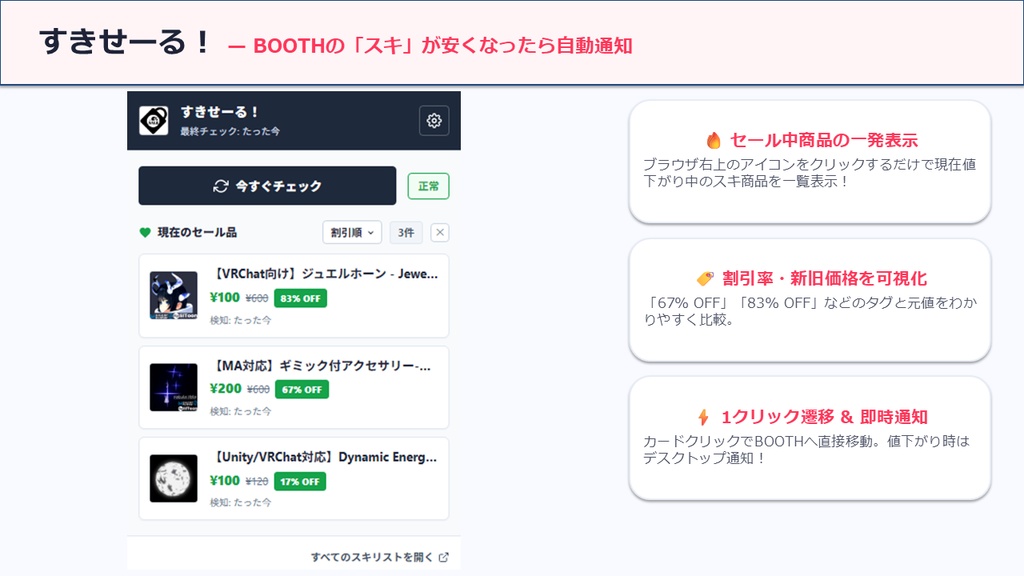 【無料】すきせーる! — セール買い逃しゼロへ!BOOTH「スキ」値下げ自動通知 Chrome拡張機能
