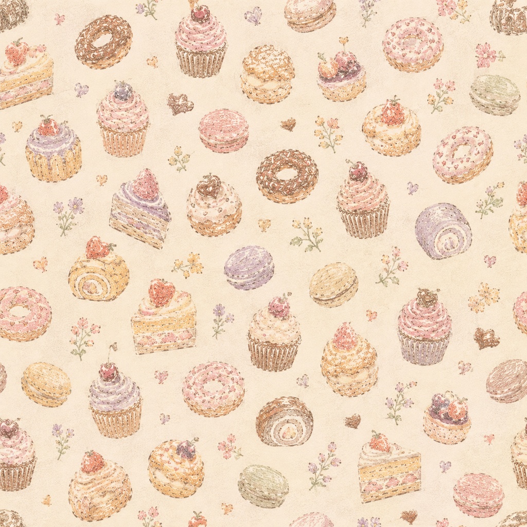 【スイーツ柄】5枚セット 色鉛筆で描いた可愛いスイーツ柄シームレスパターン素材集(ケーキ・マカロン・焼き菓子)