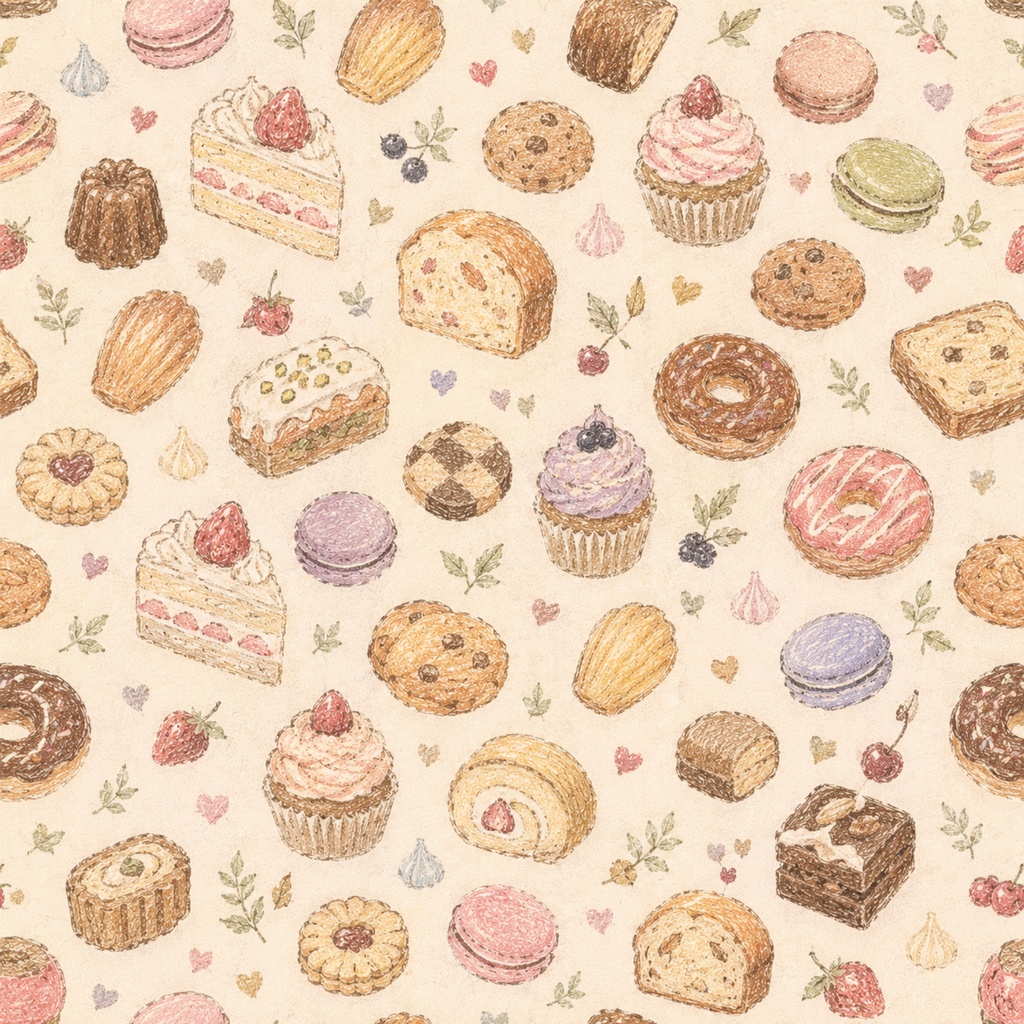 【スイーツ柄】5枚セット 色鉛筆で描いた可愛いスイーツ柄シームレスパターン素材集(ケーキ・マカロン・焼き菓子)
