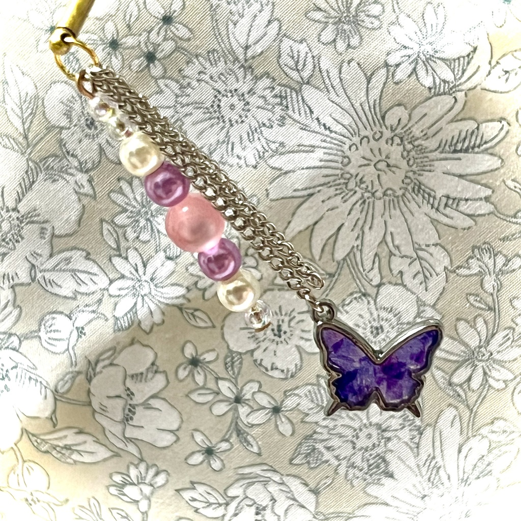 かんざし・布レジンチャーム【紫のちょうちょと桜色ビーズ】