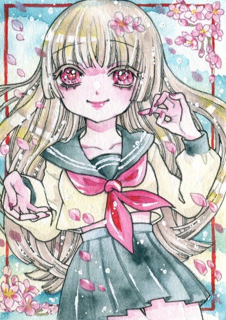 手描きイラスト 創作 桜の花とセーラー服