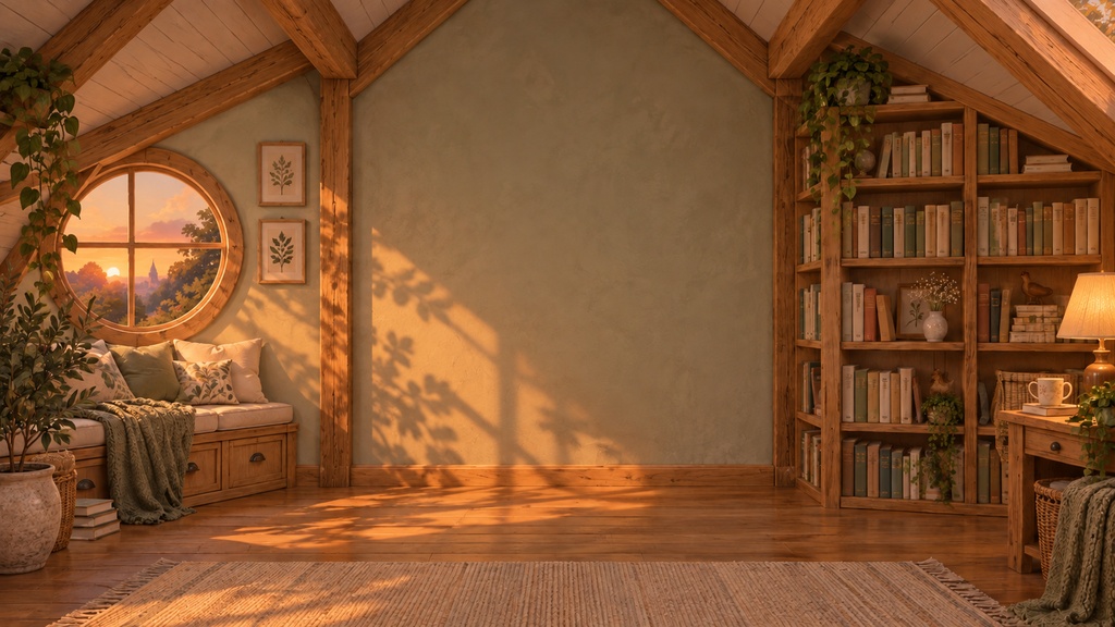 静かな屋根裏の読書部屋|朝・夕方・夜/横・縦6枚セット【配信背景・AI生成】
