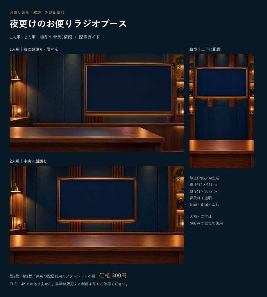 お便り読み・雑談配信の背景|夜更けのラジオブース/1人・2人・縦型3枚【AI生成】