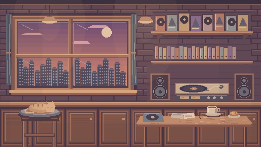 【無料版あり】夜のドット喫茶|配信画面・背景セット Pixel Night Cafe