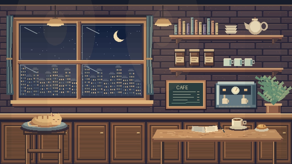 【無料版あり】夜のドット喫茶|配信画面・背景セット Pixel Night Cafe