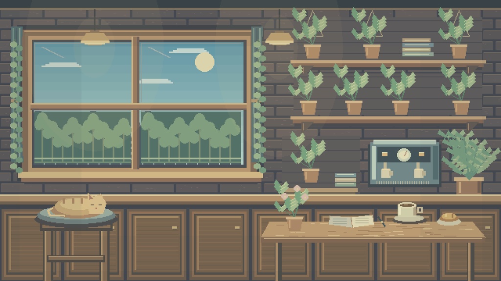 【無料版あり】夜のドット喫茶|配信画面・背景セット Pixel Night Cafe