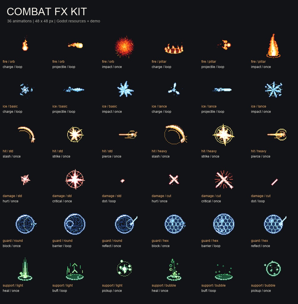 【無料サンプルあり】Combat FX Kit|Godot向けドット絵エフェクト36種