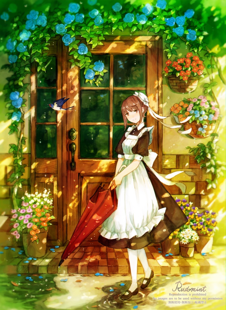 雨上がりの玄関先で 複製画 額縁付