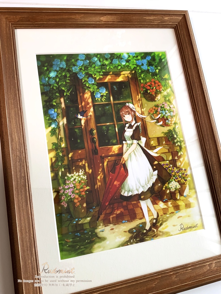 雨上がりの玄関先で 複製画 額縁付