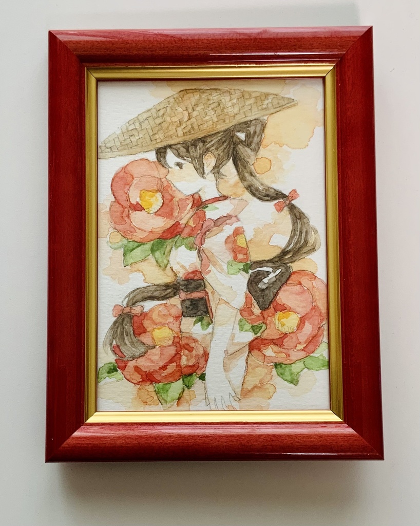 椿と少女　原画　顔彩