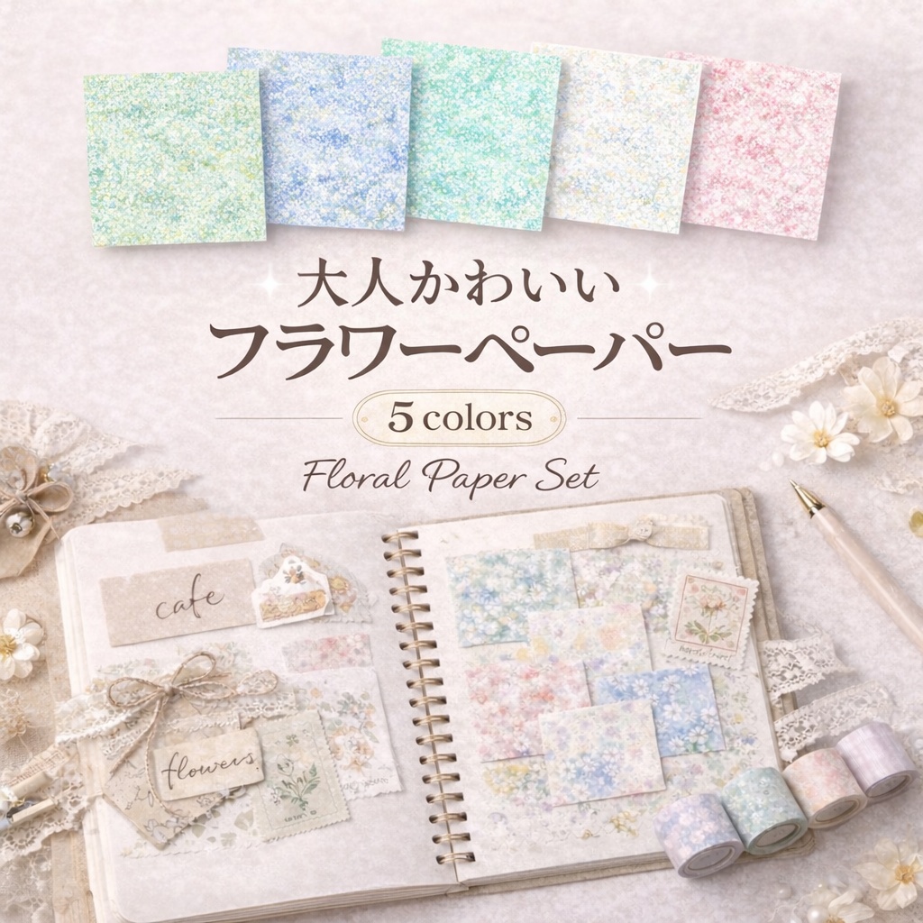 大人かわいいフラワーデザインペーパー 5色セット